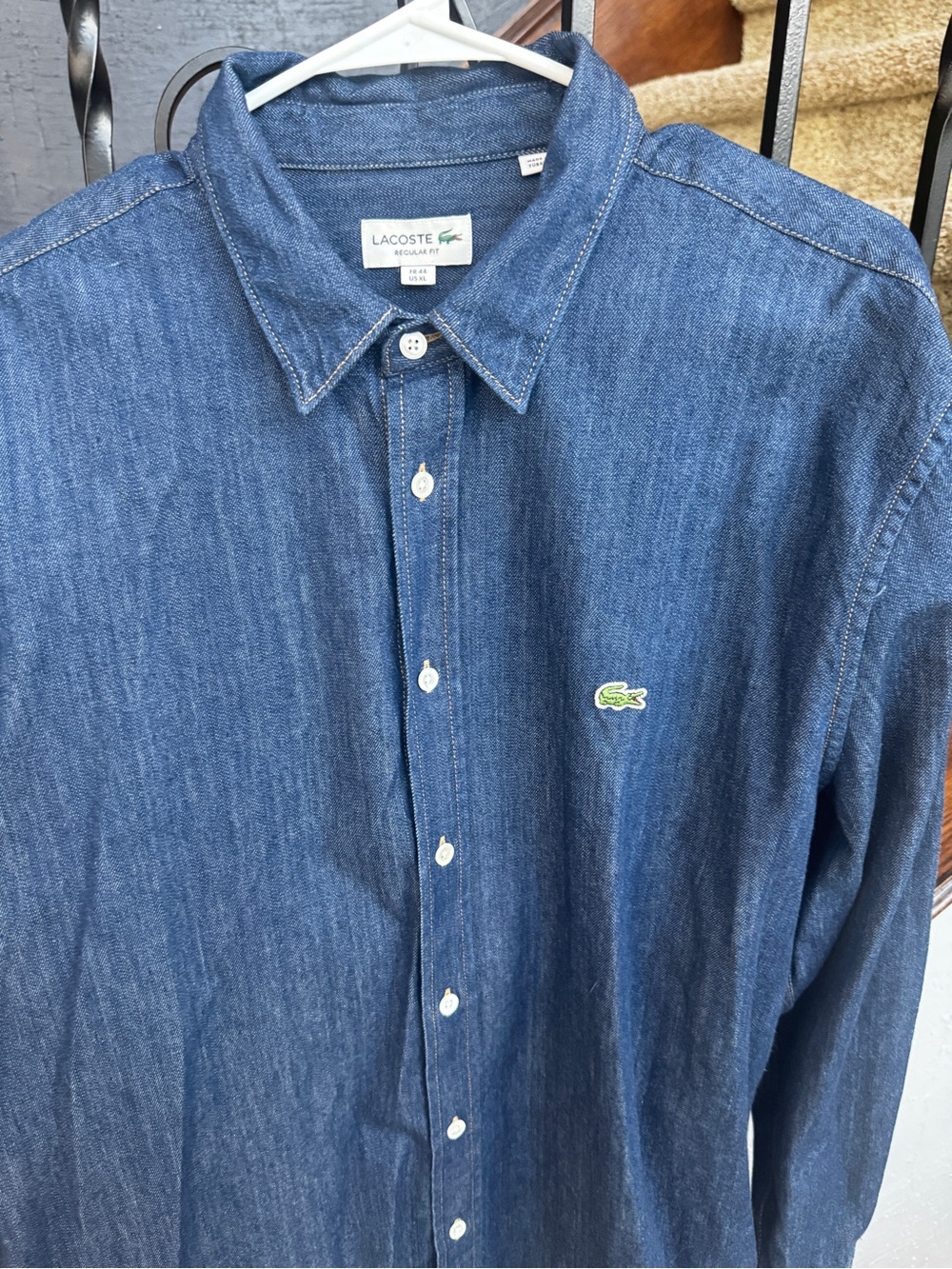 XL Lacoste Men's Denim Button-Down Shirt in Blue with Green Crocodile Logo
